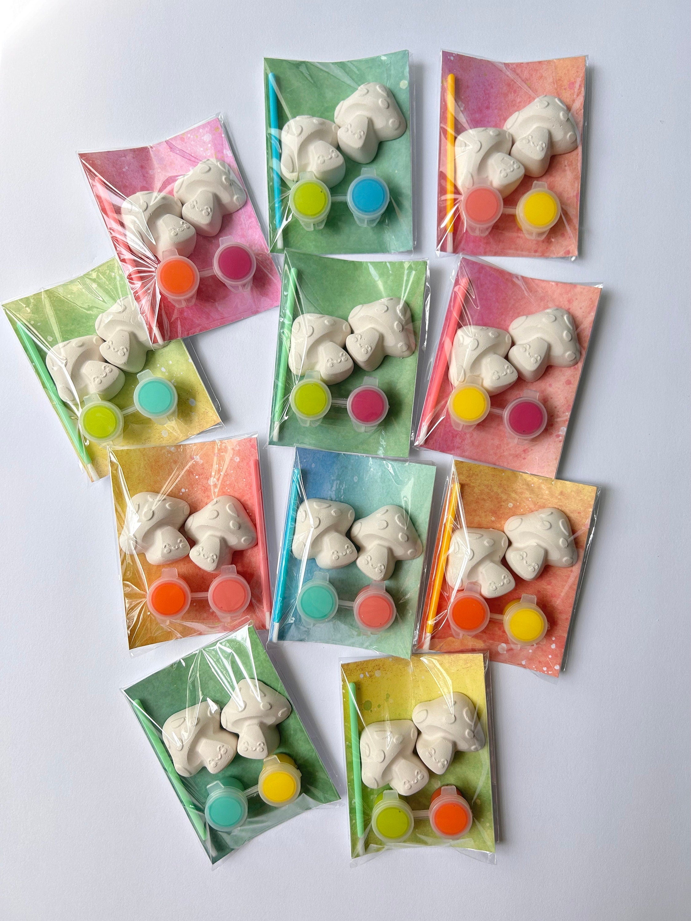 Mushroom paint party favor kids includes one mini paintbrush, and two bright colorful, acrylic pants, perfect for Woodland and nature, themed parties, and crafts