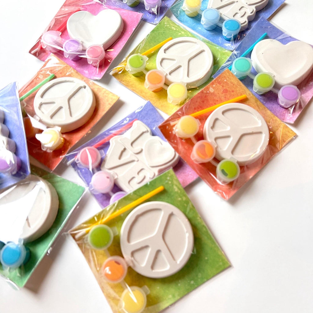 Retro Groovy Paint Your Own Party Favor Paint Kits – Peace Sign, Heart & Love – Hippie Party Favors, 70s Themed Craft Kits