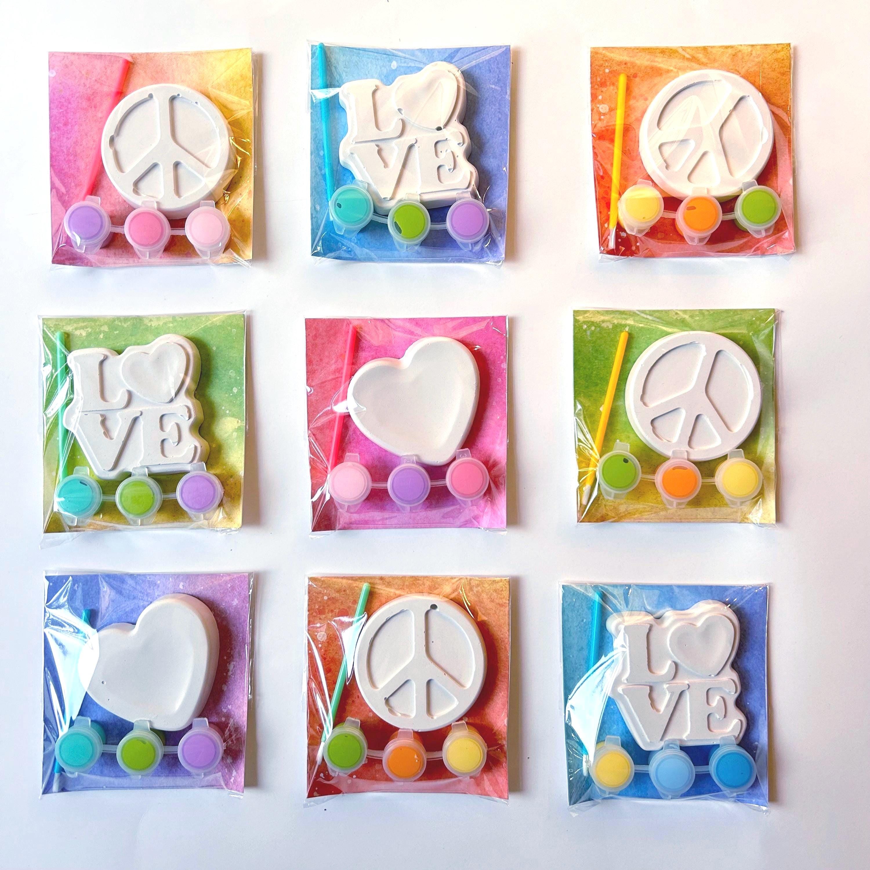 Retro Groovy Paint Your Own Party Favor Paint Kits – Peace Sign, Heart & Love – Hippie Party Favors, 70s Themed Craft Kits