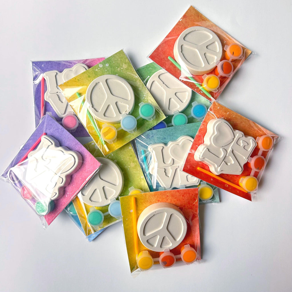 Retro Groovy Paint Your Own Party Favor Paint Kits – Peace Sign, Heart & Love – Hippie Party Favors, 70s Themed Craft Kits