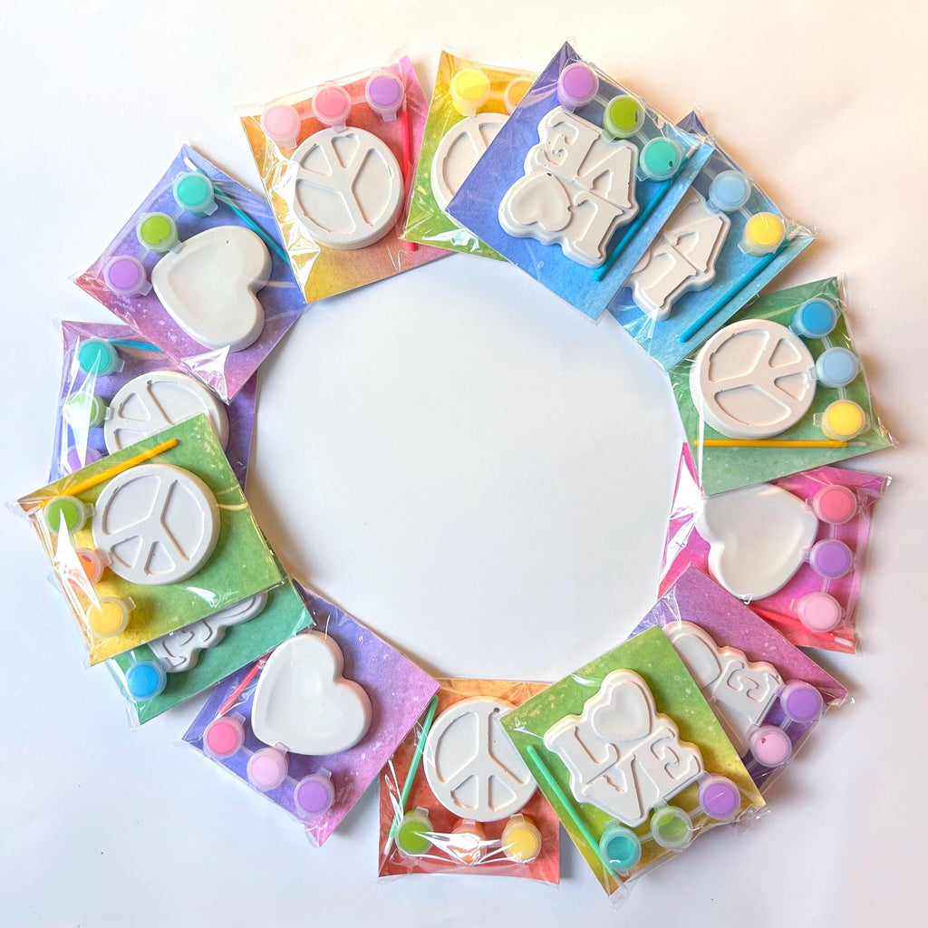 Retro Groovy Paint Your Own Party Favor Paint Kits – Peace Sign, Heart & Love – Hippie Party Favors, 70s Themed Craft Kits