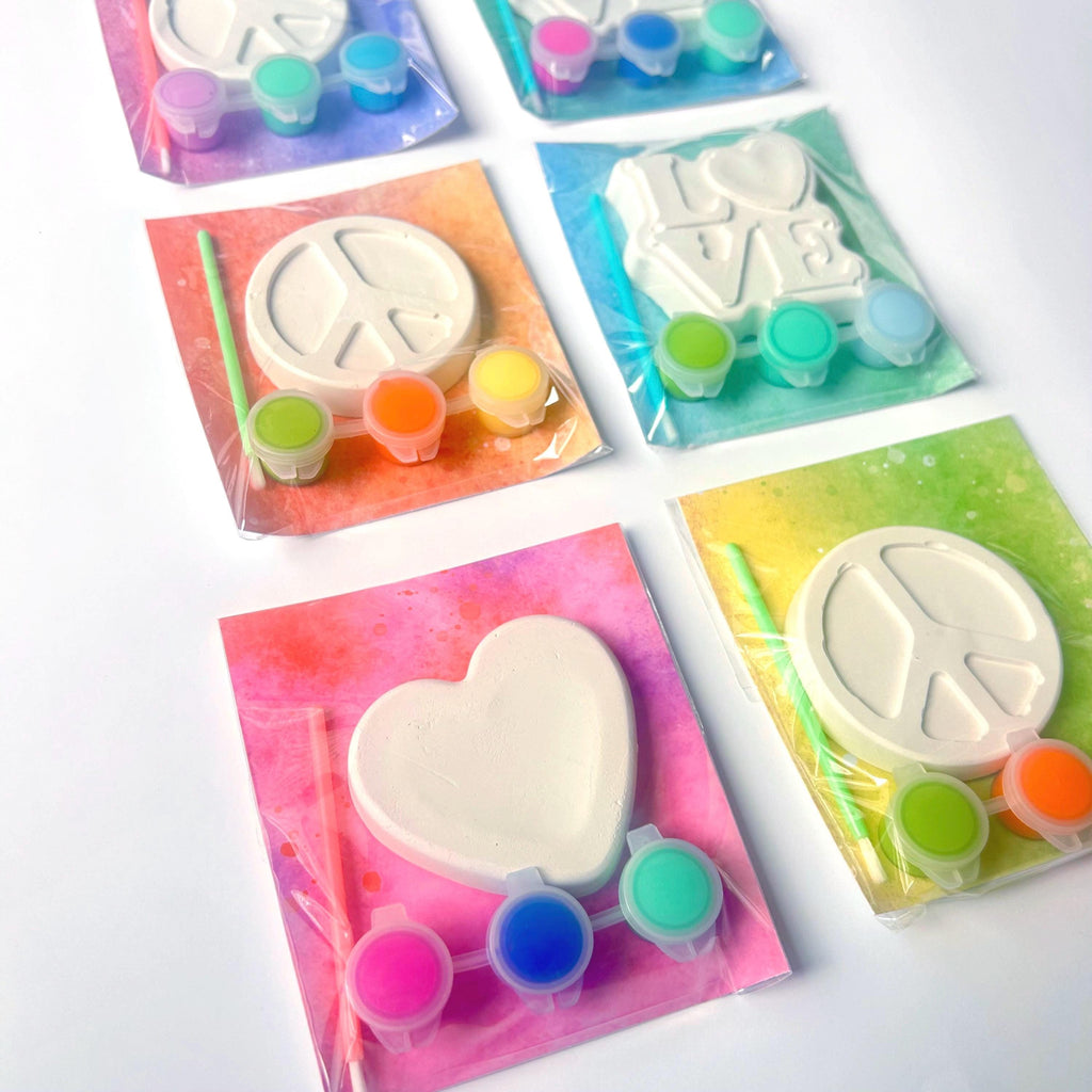 Retro Groovy Paint Your Own Party Favor Paint Kits – Peace Sign, Heart & Love – Hippie Party Favors, 70s Themed Craft Kits