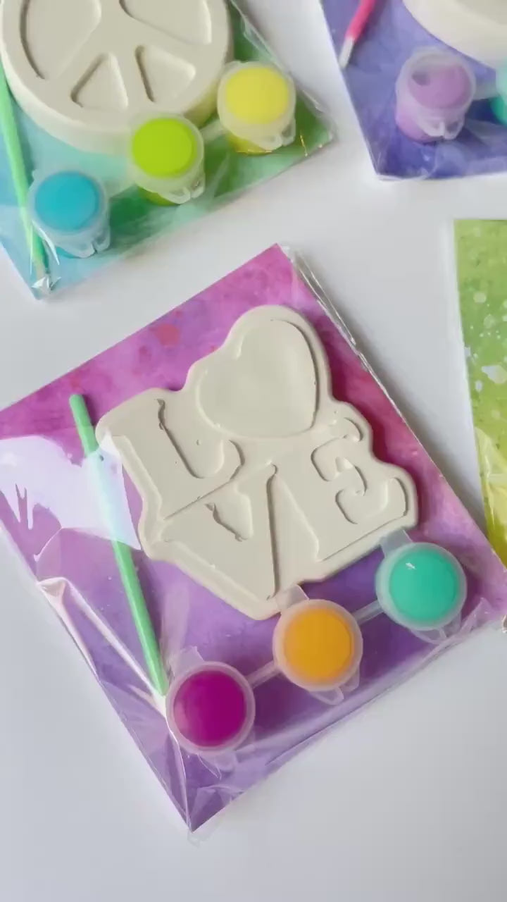 Retro Groovy Paint Your Own Party Favor Paint Kits – Peace Sign, Heart & Love – Hippie Party Favors, 70s Themed Craft Kits